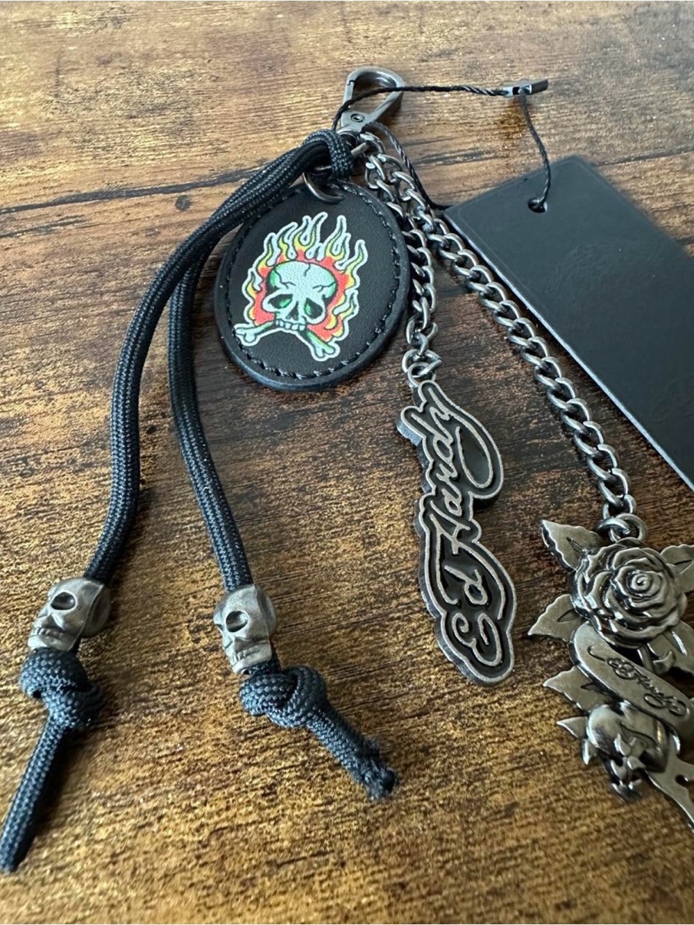 Ed Hardy Black Multi-Charm Bag Charm Keychain w/ Metal Logo & Rose NWT - Picture 2 of 4